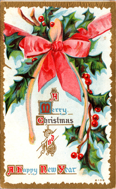 A Merry Christmas and Happy New Year - wishbone with bow and holly