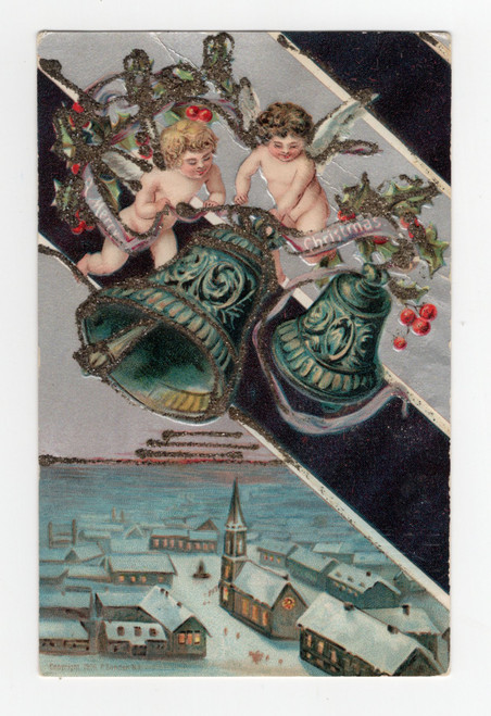 Merry Christmas angel cherub bells glitter over town