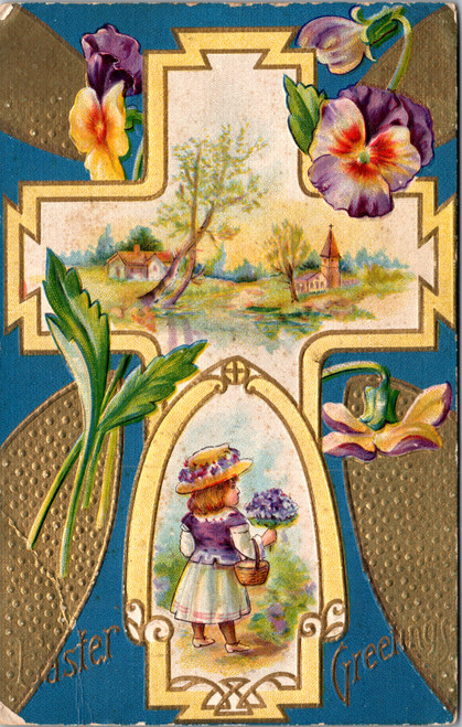 Easter Greetings girl with flowers vignette cross