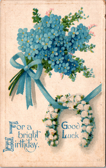 For a bright Birthday Good Luck - blue forget me nots and Lily of the Valley horseshoe