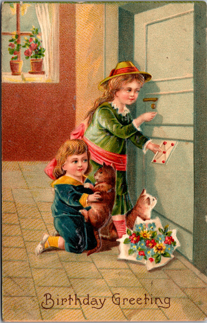 Birthday Greetings children with cats delivering flowers and letter Birthday Greetings children with cats delivering flowers and letter