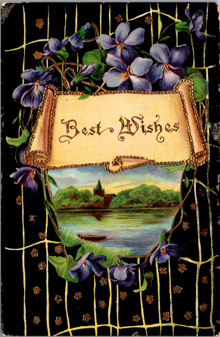 Best Wishes - Violets and Lake Scene Best Wishes - Violets and Lake Scene
