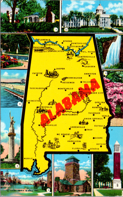 Alabama Map souvenir psotcard cities and multiview