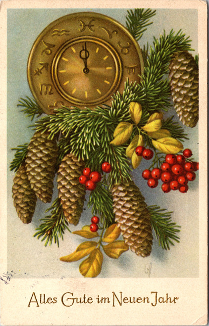 New Year Alles Gute im Neuen Jahr Clock Pine Cones & Berries German