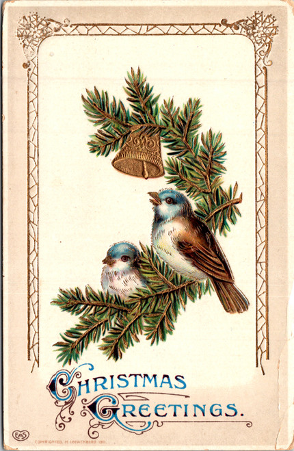 Christmas Greetings - birds on branch with bell Lowenberg