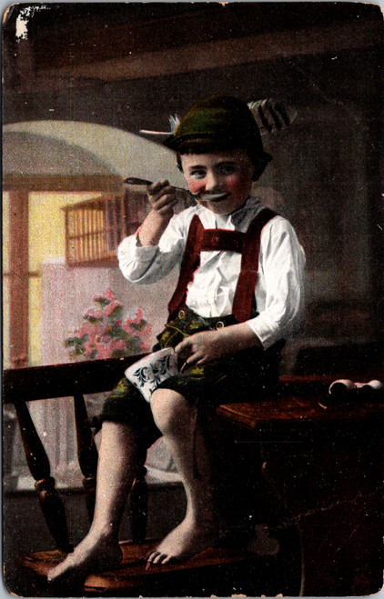 Austria Boy in Tyrolean Outfit Eating Soup