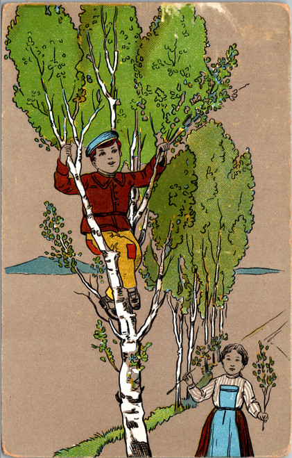 Boy in birch tree girl below