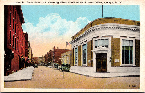 Lake St from Front St showing First National Bank and Post Office