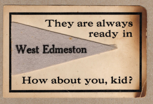 Early 1910s postcard with gray felt pennant reading West Edmeston, New York and humorous printed slogan, mailed in 1913