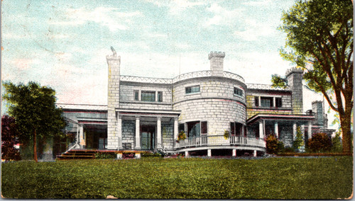 Postcard view of Geists Castle in Mohawk New York showing large stone mansion with round turret and columned porch surrounded by trees.