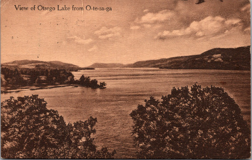 Sepia toned early postcard showing Otsego Lake from the Otesaga area in Cooperstown New York.