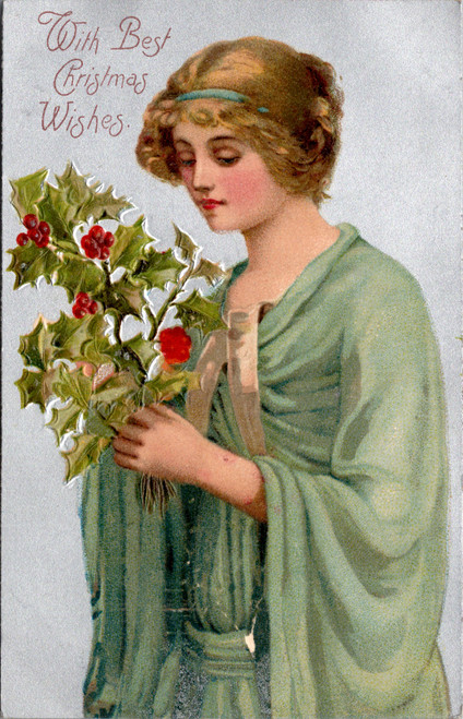 Antique embossed Christmas postcard with Edwardian girl holding holly berries