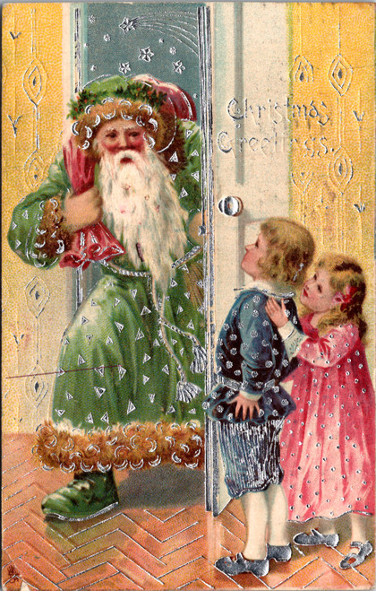 Antique embossed Christmas postcard Santa with gifts and two children Raphael Tuck Series 8620