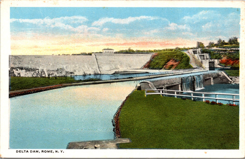 Color view of Delta Dam Rome New York showing dam wall, spillway, and landscaped grounds