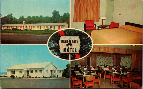 Chrome postcard of Deer Path Motel and Restaurant near New Berlin New York showing exterior guest room dining room and sign operated by Ralph and Beth Anne Arnold published by Warren Genung Dexter Press