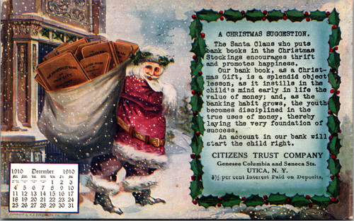 Santa Claus advertising postcard for Citizens Trust Company Utica New York with 1910 calendar