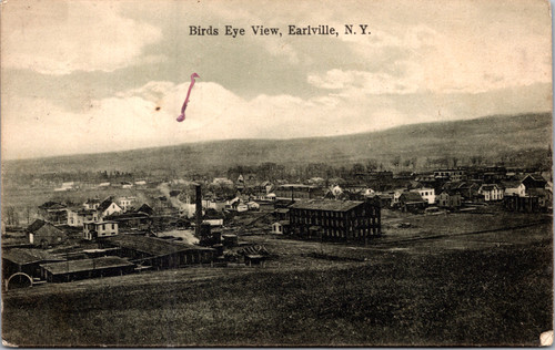 Birds eye view postcard of Earlville New York showing homes mills and village buildings
