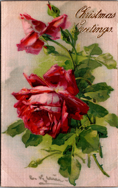 Beautiful antique silk finish postcard featuring a vivid red rose bouquet