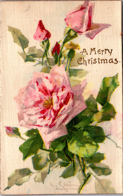 Silk Christmas Greetings postcard featuring pink roses