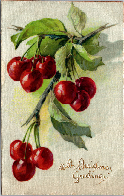 Silk Christmas Greetings postcard featuring red cherries or berries