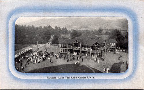 Vintage postcard showing the Pavilion at Little York Lake near Cortland New York with crowd of visitors
