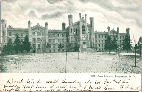 Vintage postcard showing the Gothic Revival Binghamton State Hospital with winter landscape