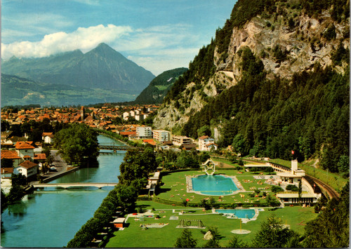 Interlaken Switzerland Strandbad swimming pools Niesen mountain vintage postcard