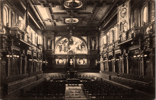Vintage postcard showing the Aula interior at the University of Heidelberg Germany