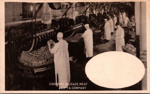Swift and Company sausage meat chopping factory interior postcard