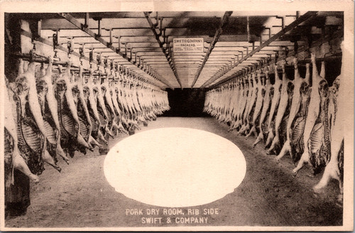 Swift and Company pork chopping block meatpacking plant advertising postcard