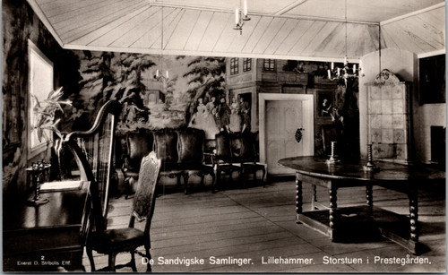 Real photo postcard showing the parsonage main room interior at De Sandvigske Samlinger Lillehammer Norway