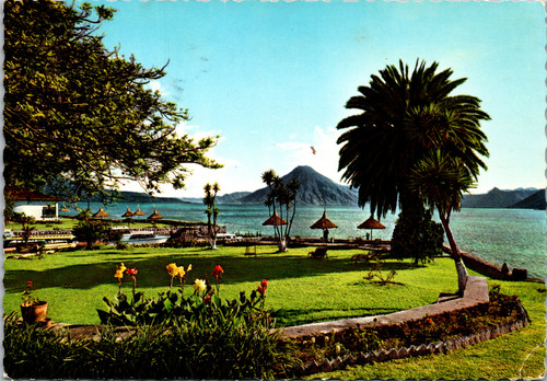 Lake Atitlan Guatemala volcano tropical garden vintage postcard