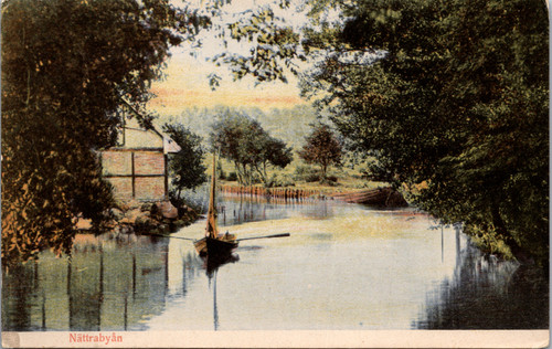 Antique Sweden postcard showing the Nattrabyan river with a small boat and village buildings