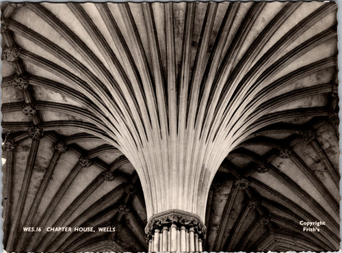 Vintage postcard showing the Gothic fan vault ceiling inside the Chapter House at Wells Cathedral England