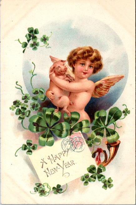 Antique New Year postcard with cherub  clover pig and glitter accents