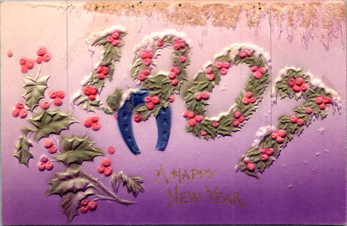 Antique 1907 New Year postcard with embossed purple violets and clover design