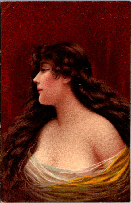Antique illustrated portrait postcard of a woman in profile with Edwardian styling