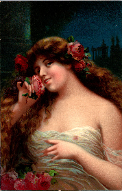 Antique illustrated portrait postcard of a woman with roses and floral details Edwardian style