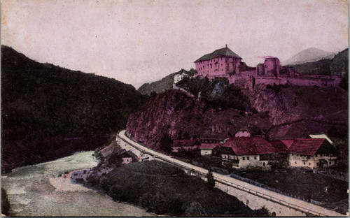 Vintage Switzerland postcard view of Sonnenburg Castle in the Swiss Alps above a river valley
