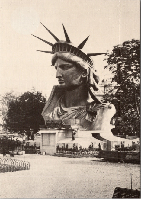 Vintage postcard showing the head of the Statue of Liberty exhibited at the Paris International Fair in 1878