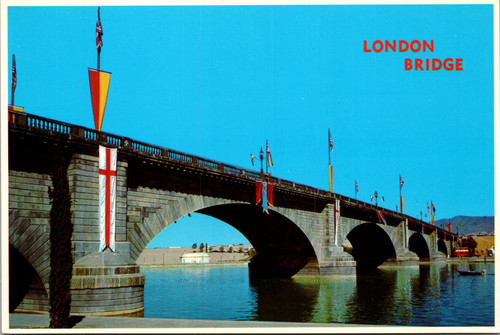 Vintage color postcard showing London Bridge in Lake Havasu City Arizona spanning the Colorado River