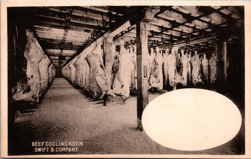 Swift and Company beef cooling room meatpacking advertising postcard