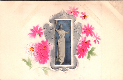 Antique embossed postcard with woman portrait and hand tinted floral design