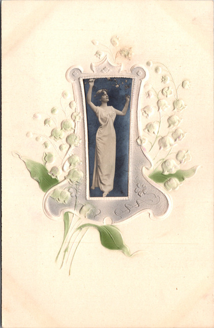 Antique embossed postcard with woman portrait and hand tinted floral design