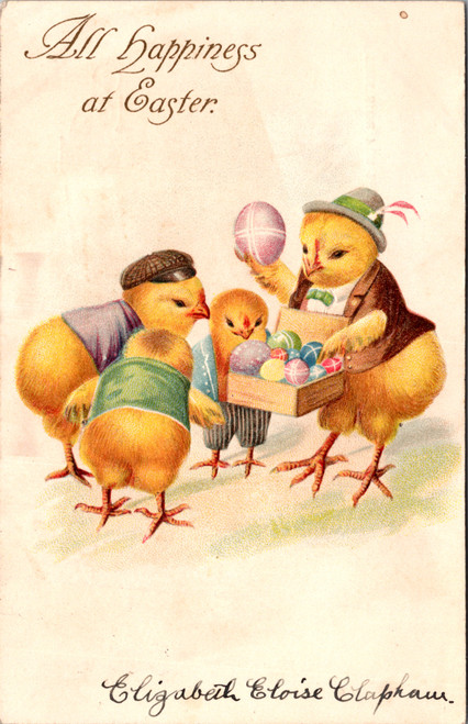 Undivided back Easter postcard showing dressed chicks with Easter eggs postmarked Columbia City Indiana with 1 cent Franklin stamp