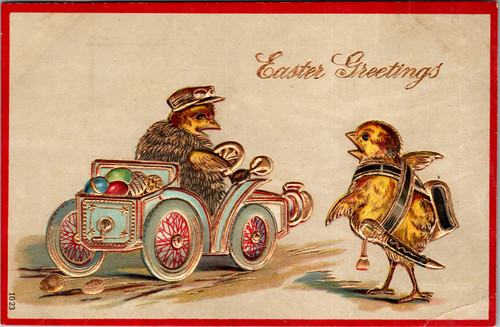 Antique Easter greetings postcard with embossed chicks automobile and eggs talking to chic with sword