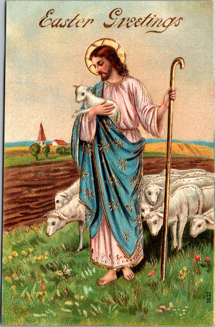 Antique Easter postcard showing Jesus as the Good Shepherd holding a lamb