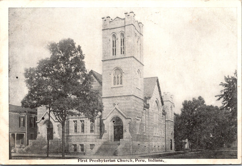 black and white photographic view of first presbyterna church in peru indiana