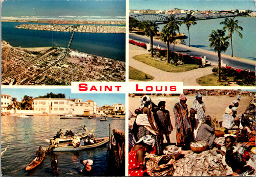 Vintage multi view postcard of Saint Louis Senegal showing market harbor and river scenes