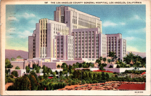 Linen era postcard showing Los Angeles County General Hospital in Los Angeles California